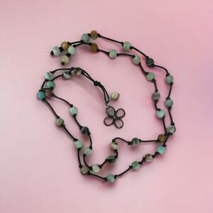 Calcite Beaded Hand Knotted Lariat Long Necklace with Glass Flower Pendant